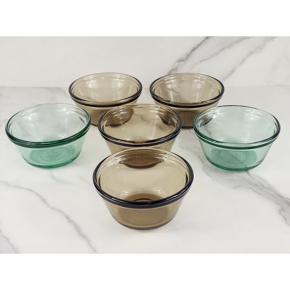 Anchor Custard Cup Small Glass Bowls 6oz Brown Green 70s Dessert Cup x6 USA Vtg